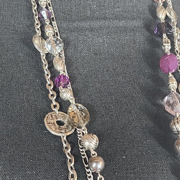 Premier Designs Silver Tone Three Strand Purple Silver Bead Coin 32" Necklace - Picture 7 of 16